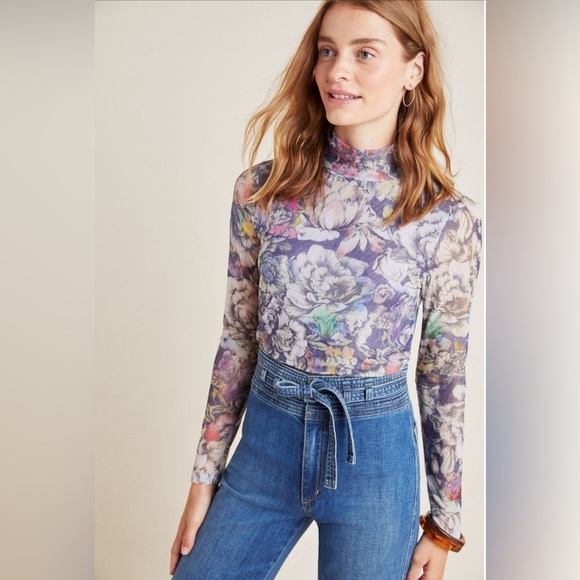 By Anthropologie Gauzy Turtleneck Purple Flowers - Picture 1 of 12